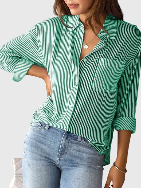 Green long sleeve striped shirt for women, a comfortable and chic casual top.