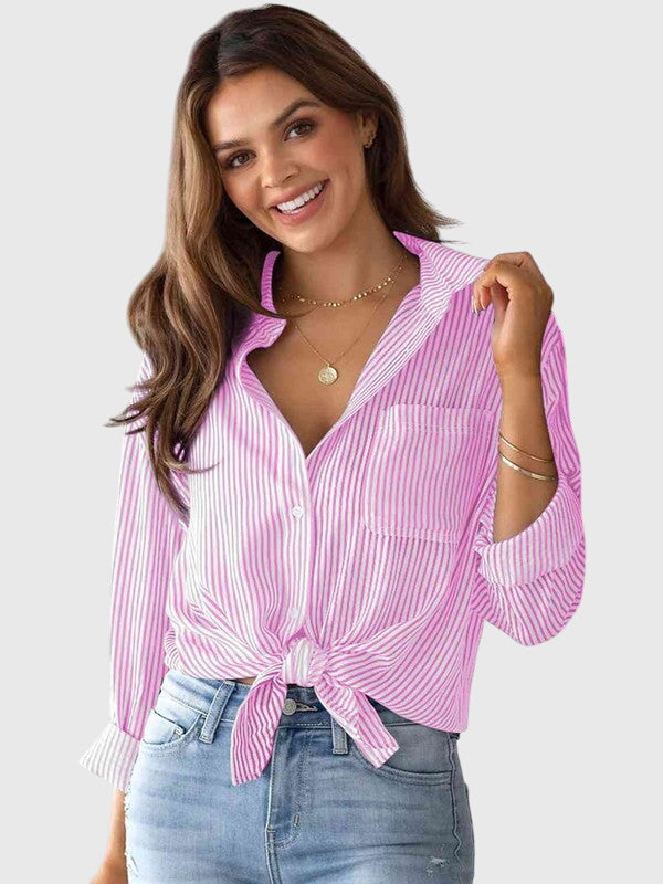 Stylish pink striped collared button-down top for women, versatile everyday fashion.