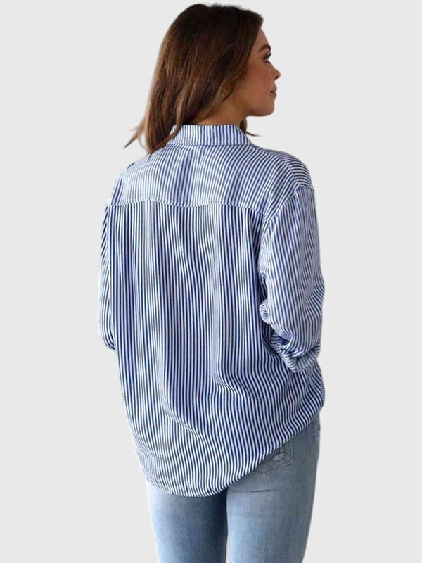 Casual green striped collared shirt for women, versatile for everyday fashion.