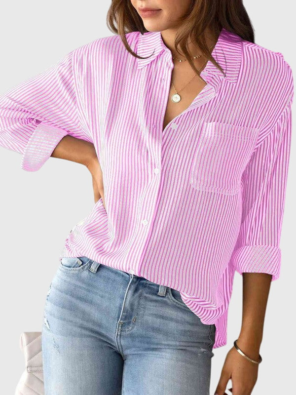 Elegant pink striped collared shirt for women, a stylish long sleeve casual top.