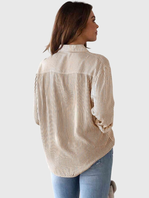 Sand striped button-down shirt for women, comfortable & stylish everyday fashion.