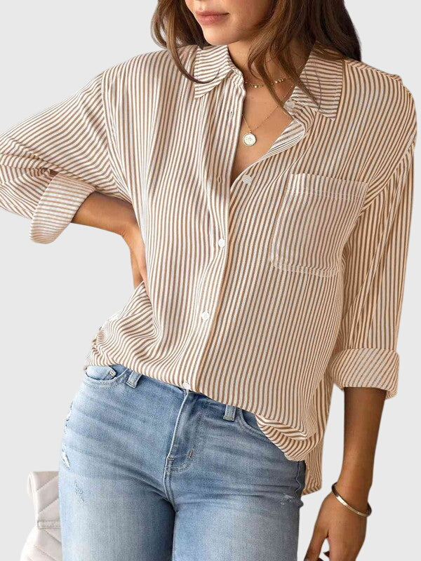 Versatile sand collared striped women's shirt, perfect for office or casual looks.
