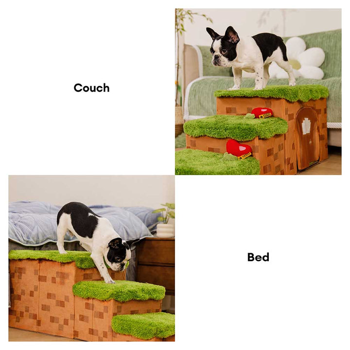 White Pixel Pet Stairs, 3-step dog ramp offering easy access and a hidden storage compartment
