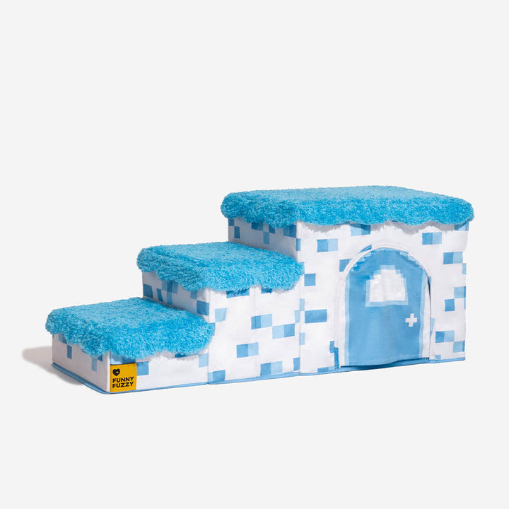 White Pixel Pet Stairs, 3-step dog ramp with a cozy pet condo and practical storage solutions