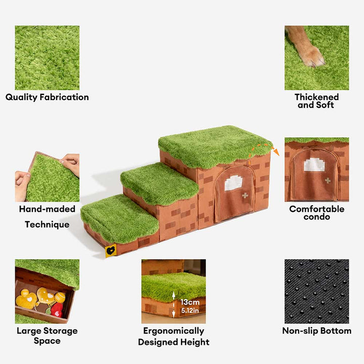 Pet stairs for dogs & cats, Pixel design, 3 steps with integrated storage & comfortable pet bed