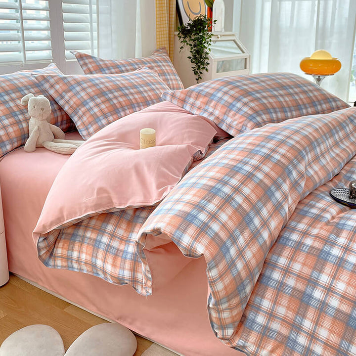 Modern plaid color block sheet set for beds, breathable polyester fabric providing stylish bedroom decor
