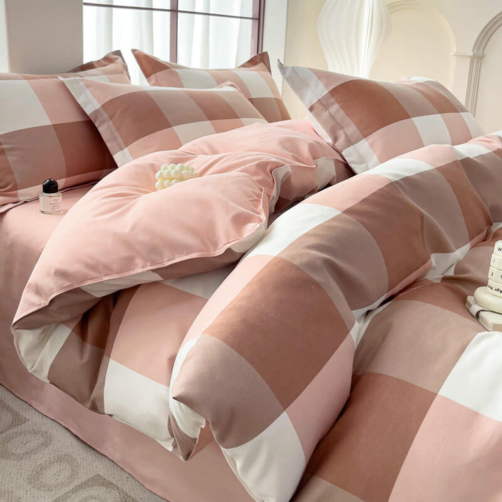 Grey and white plaid color block bedding set, breathable polyester quilt cover for modern home decor