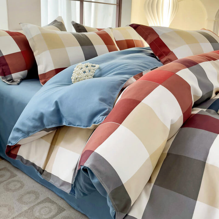 Complete plaid color block bed sheet set, including quilt cover, for a modern and breathable bedroom