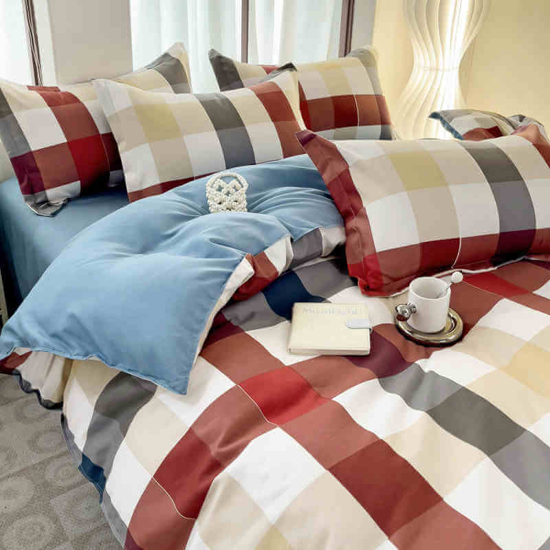 Stylish plaid color block polyester sheet set, designed to bring a breathable and modern look to any bedroom