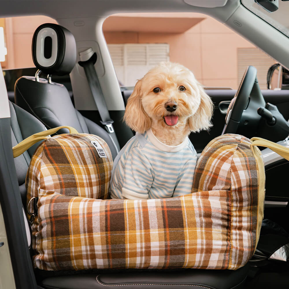 Washable plaid dog car seat, a portable and comfortable pet bed for small dogs.