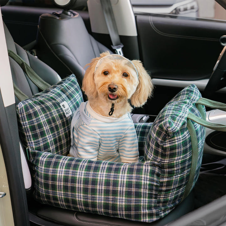 Plaid dog car seat bed, ideal for small dogs, offers comfort and pet travel safety.