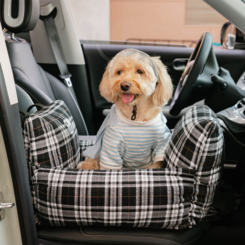 Comfortable vehicle pet seat: plaid dog car seat for small dogs, portable and safe.