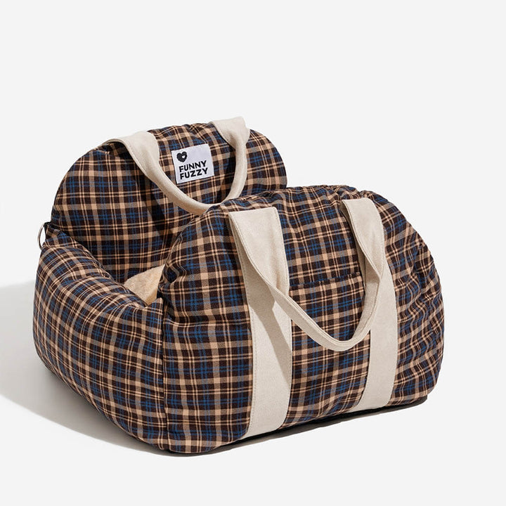 Small dog pet travel bed: plaid car seat, a washable and cozy dog accessory.