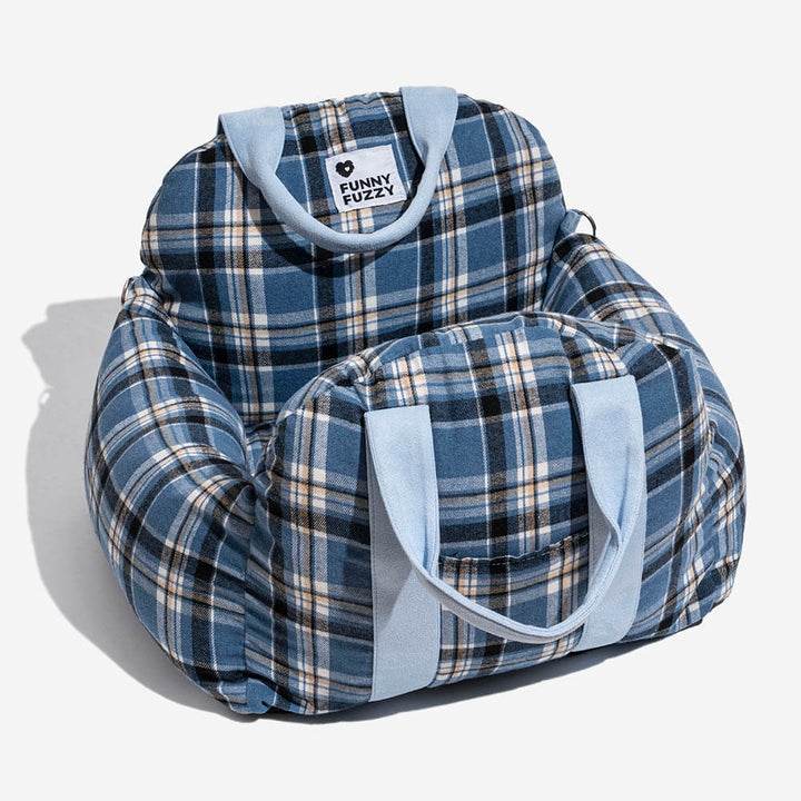 Plaid dog car seat for small dogs, ensuring safe and comfortable vehicle pet travel.