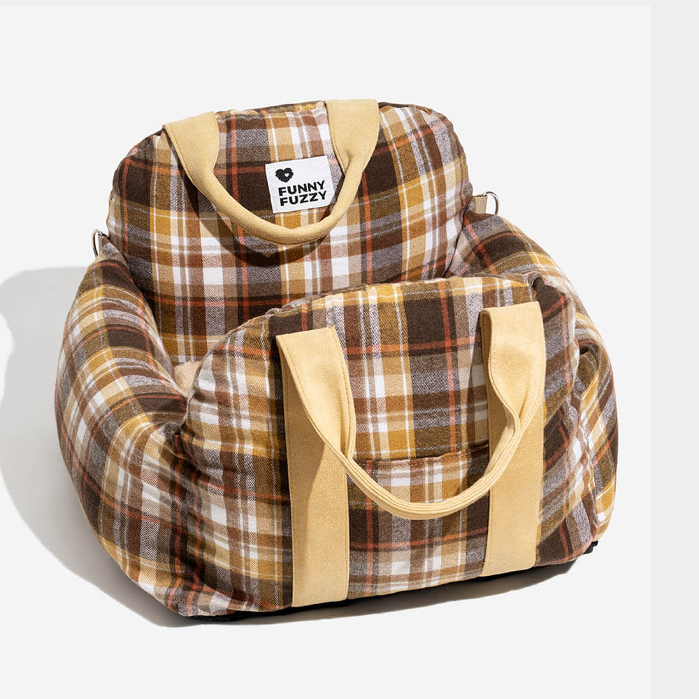 Portable and safe pet travel bed: plaid dog car seat for small dogs, washable.