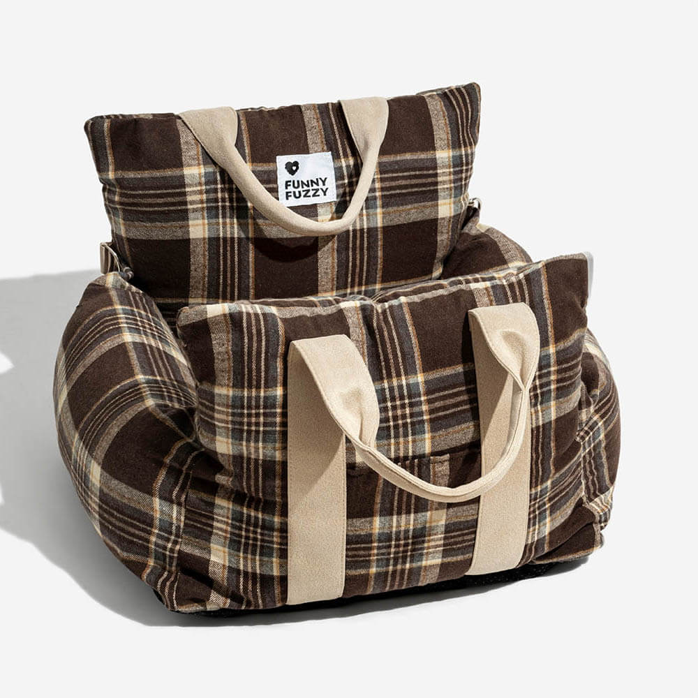 Small dog car seat bed: plaid, a cozy and secure pet travel solution.