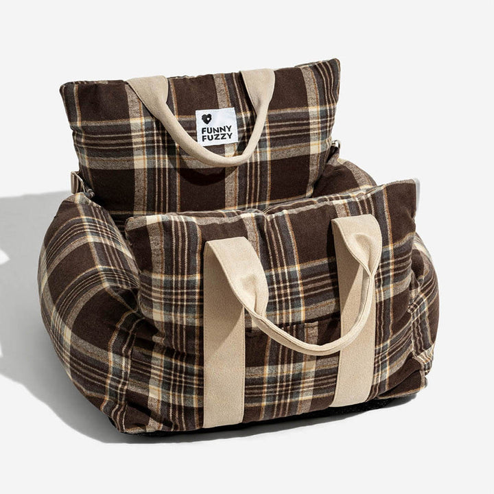 Small dog car seat bed: plaid, a cozy and secure pet travel solution.