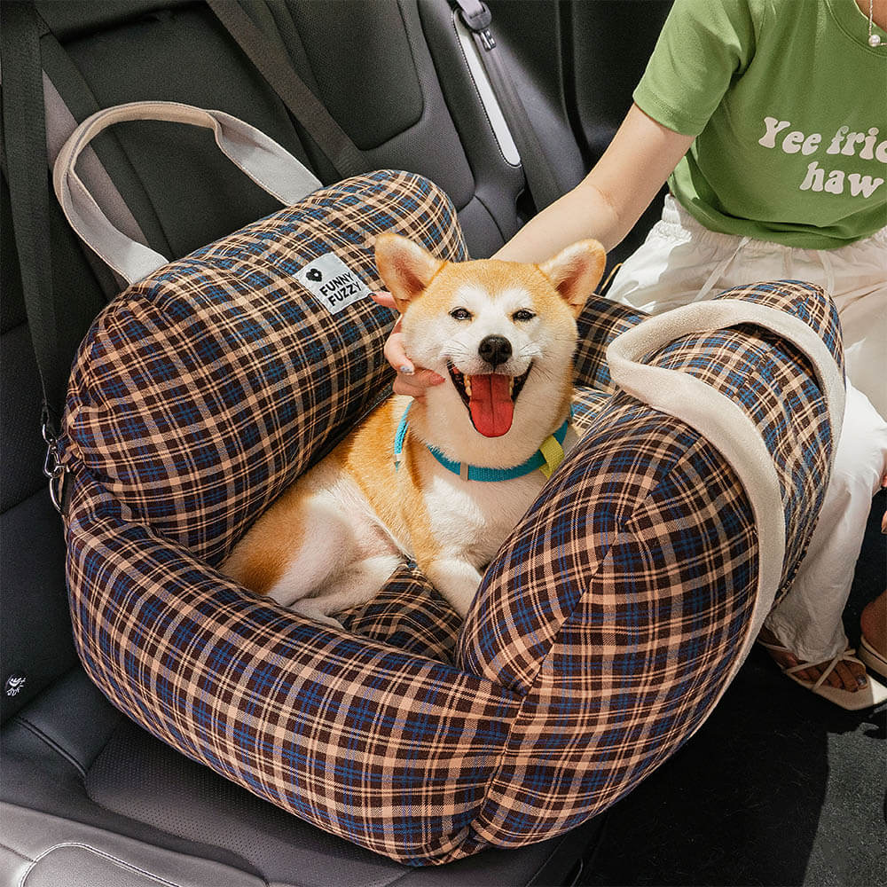 Small dog car seat with washable plaid fabric, a portable and safe pet travel bed.