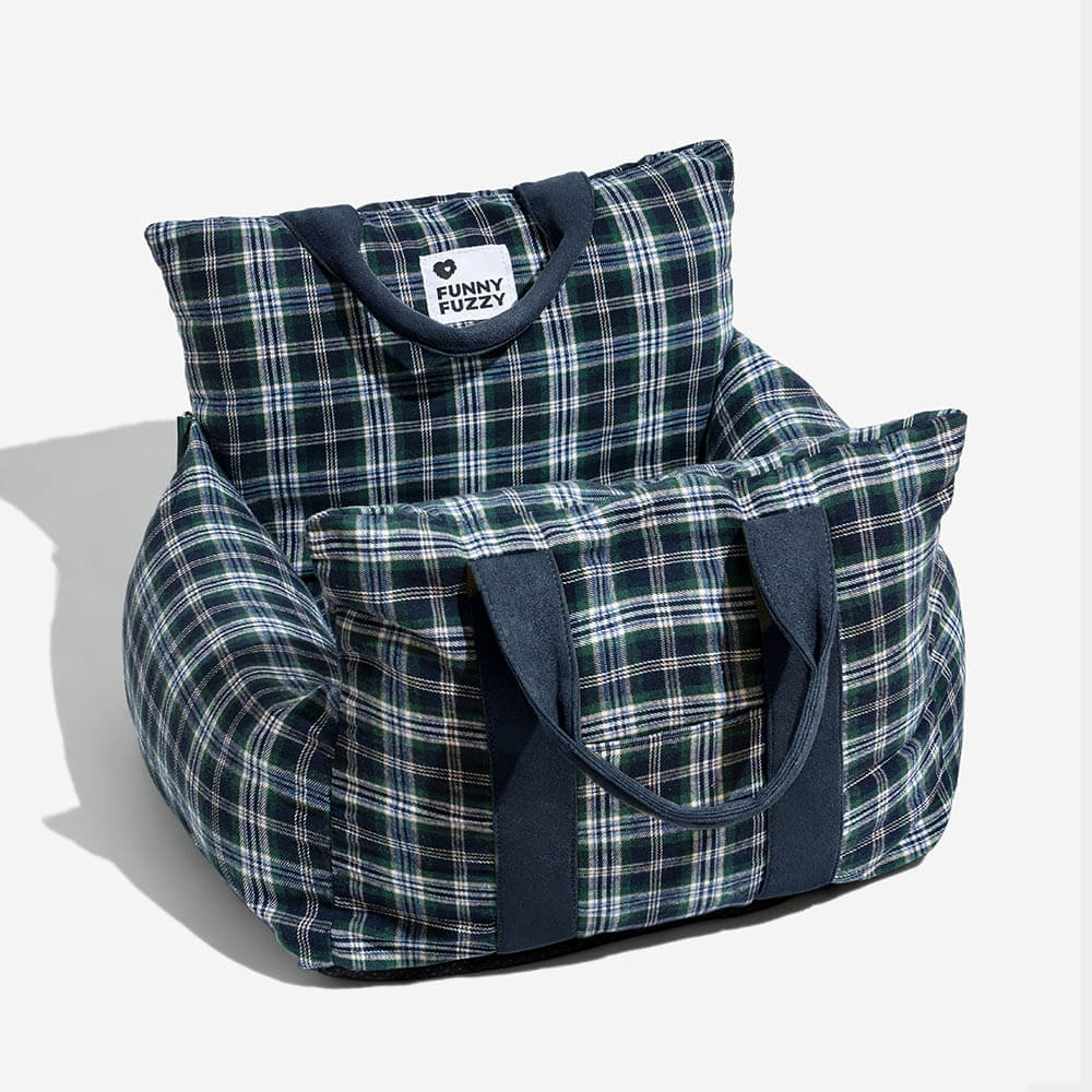 Washable plaid dog car seat for small dogs, offering comfort and safety on trips.