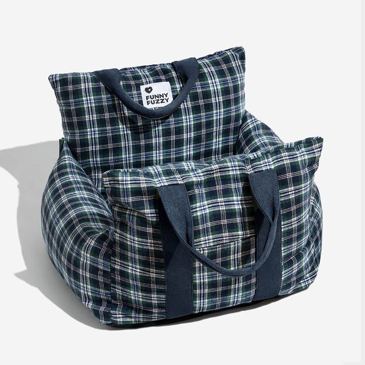 Washable plaid dog car seat for small dogs, offering comfort and safety on trips.