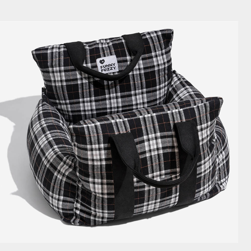 Dog travel bed with safety features: plaid car seat for small dogs, portable.