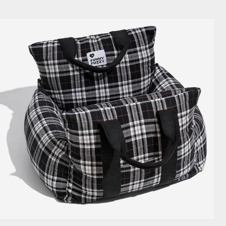 Dog travel bed with safety features: plaid car seat for small dogs, portable.