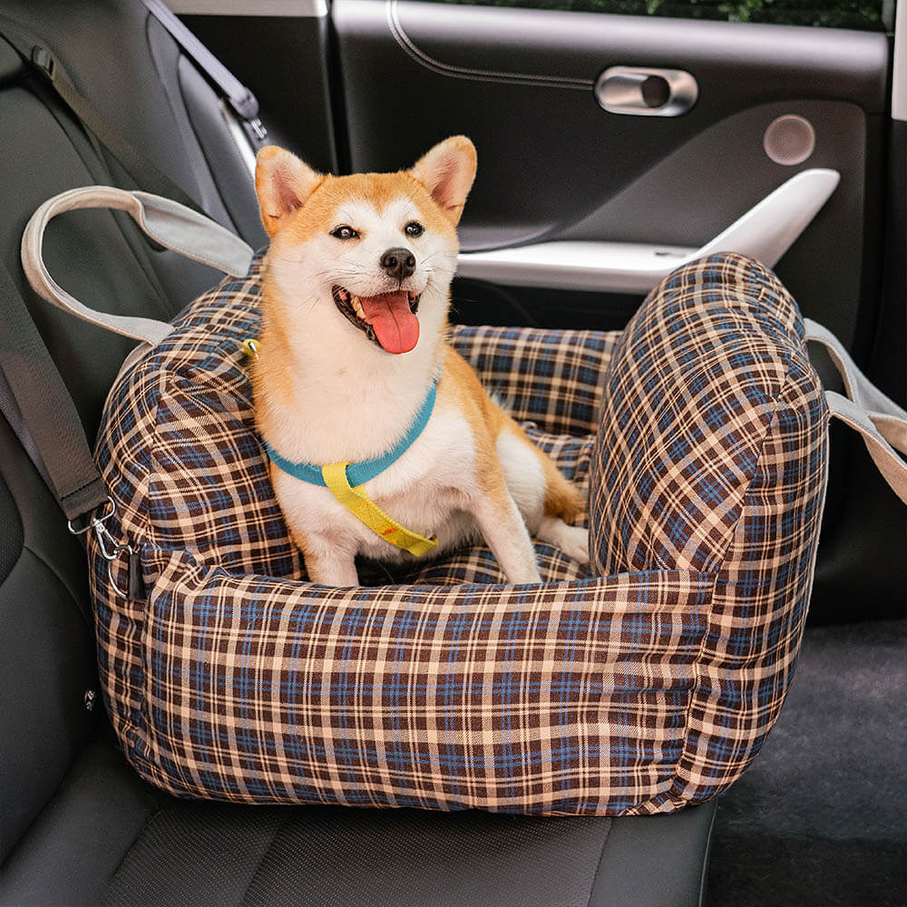 Comfortable pet travel bed: plaid dog car seat for small dogs, essential dog accessories.