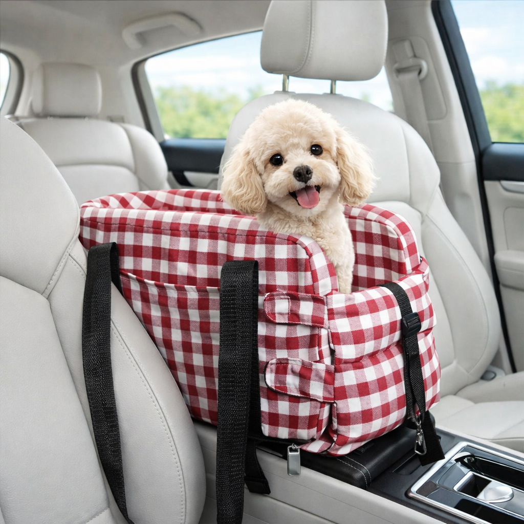 Plaid pet car safety console seat for small dogs and cats, ensuring secure pet travel.