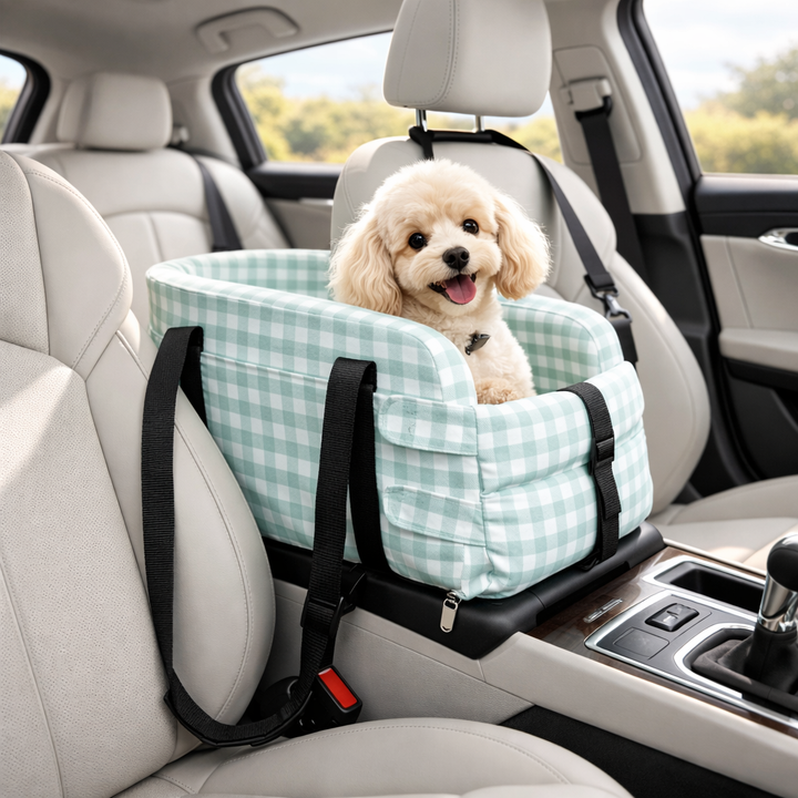 Secure pet car seat for small dogs, fitting snugly on vehicle's center consol.
