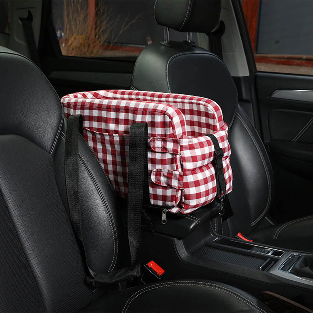 Empty pet car safety seat, showcasing durable construction for small pet travel.