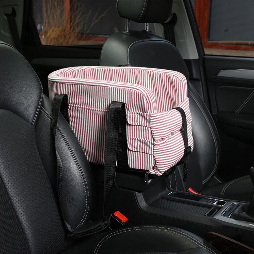 Adjustable pet car console seat for small dogs and cats, easy to install for travel safety.