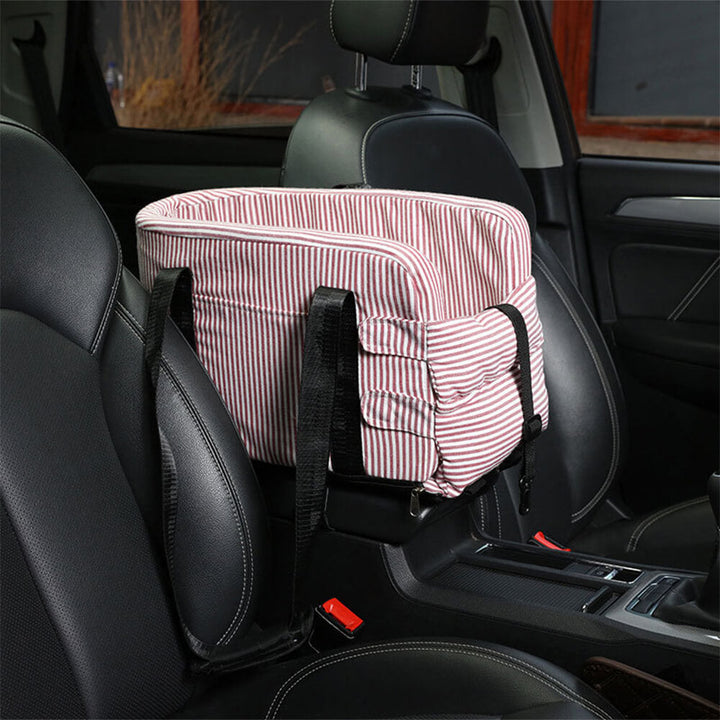 Adjustable pet car console seat for small dogs and cats, easy to install for travel safety.