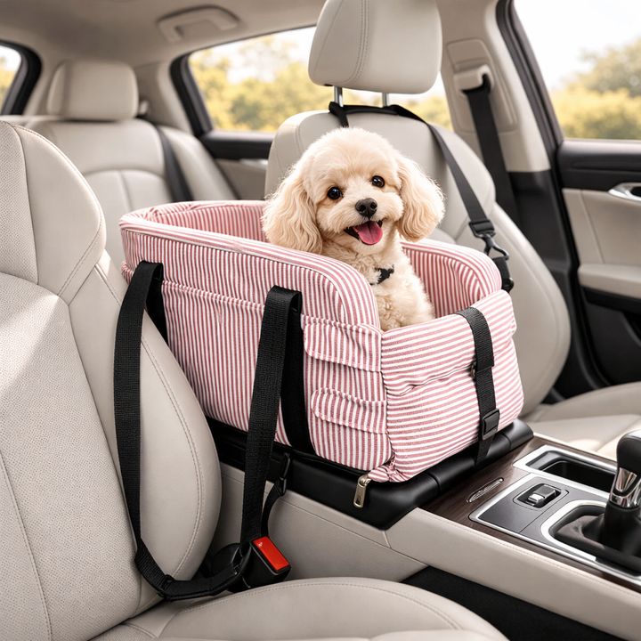 Small dog car seat in a car, mounted on a console, for safe and comfortable pet travel.