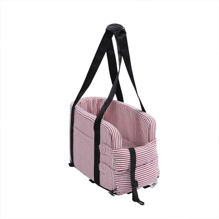 Grey plaid pet car safety console seat, perfect for small dogs and secure travel.