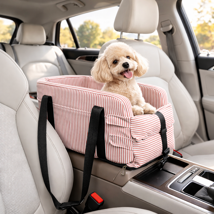 Car console pet carrier for small dogs & cats, featuring a soft, washable cover.
