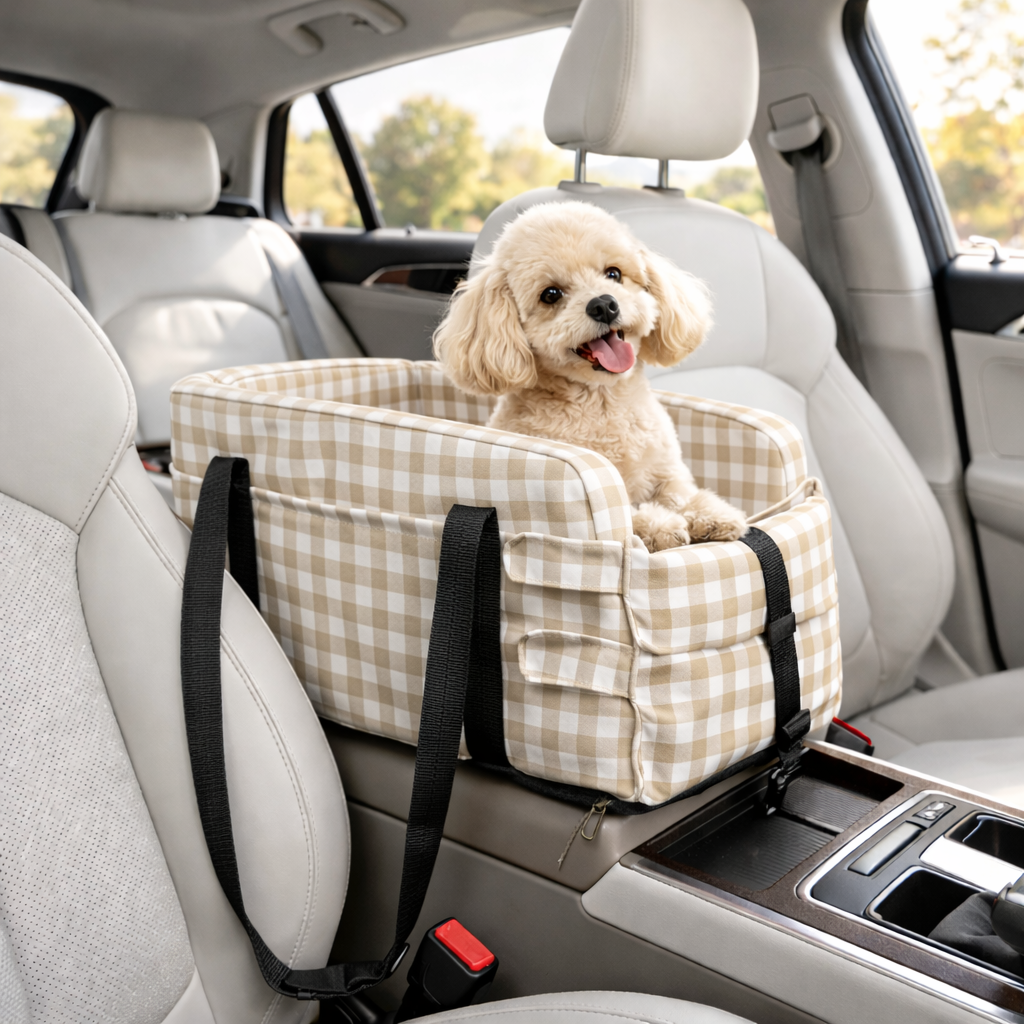 Pet travel accessory: Plaid car console seat for small canine and feline companions.