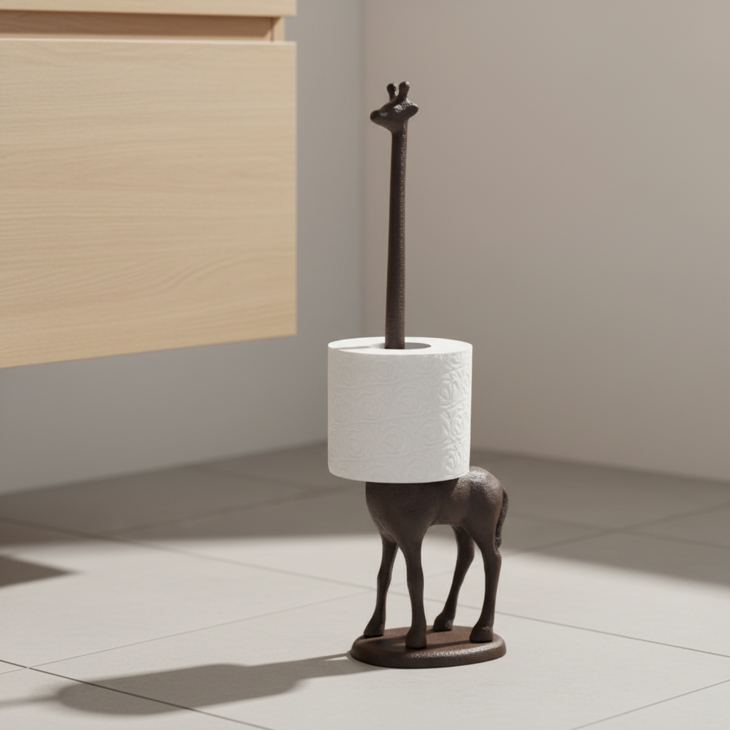 Playful cast iron giraffe toilet paper holder, freestanding, adds decorative storage to any bathroom.