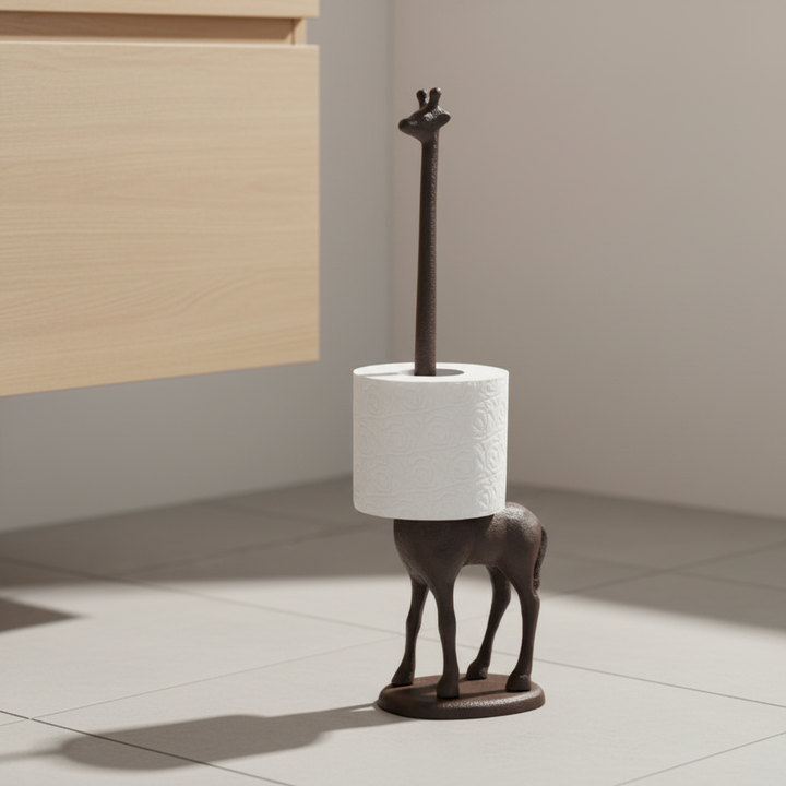 Playful cast iron giraffe toilet paper holder, freestanding, adds decorative storage to any bathroom.