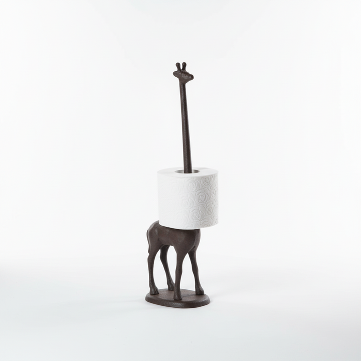 Unique giraffe-shaped toilet paper holder, decorative bathroom accessory for whimsical decor & convenient storage.