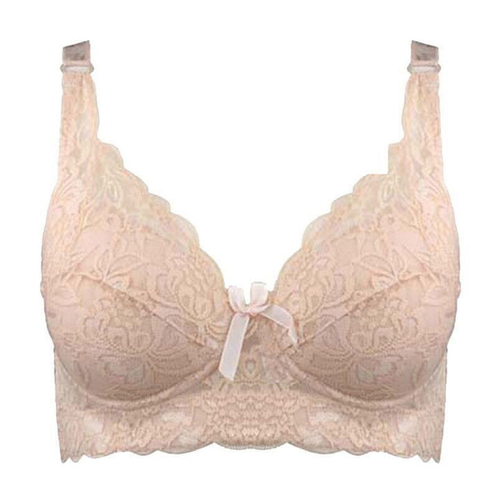 Elegant women's plus-size lace bra, wire-free, full coverage, padded for comfort.