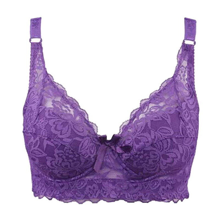 Women's full coverage plus-size bra with delicate lace, wire-free design for all-day comfort.