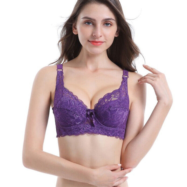 Supportive wire-free padded bra for plus-size women, beautiful lace details, perfect for daily wear.