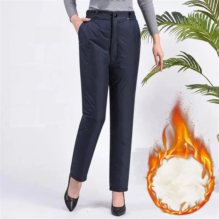 Black plus size women's warm straight leg winter pants, ideal for fall comfort.
