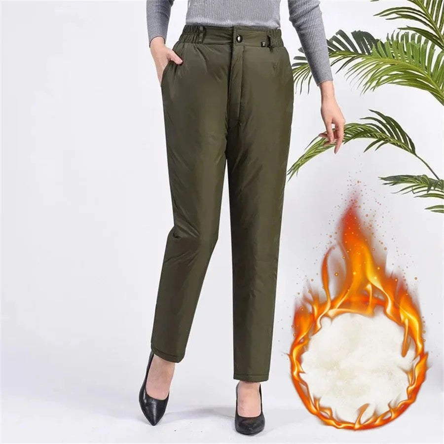 Blue plus size women's warm straight leg winter pants, perfect for casual fall wear.