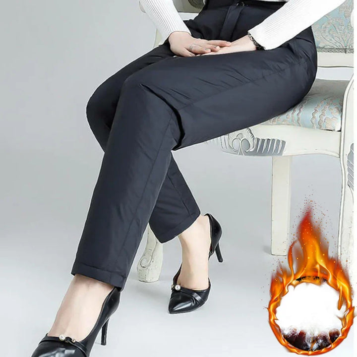 Green plus size women's warm straight leg winter pants, insulated for winter warmth.
