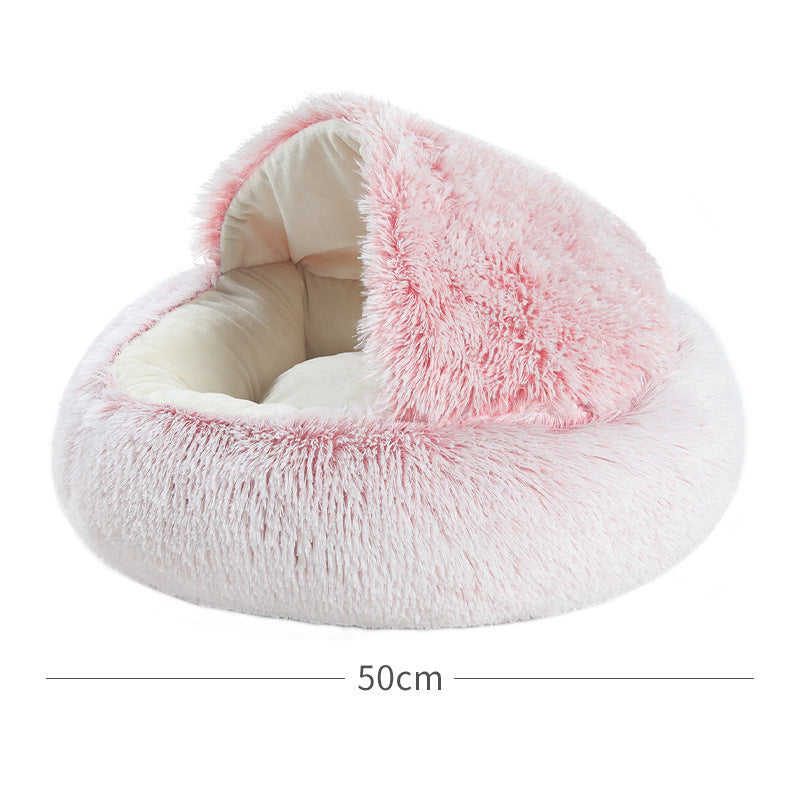 Versatile pet furniture: a warm, plush cat bed easily converts into a snug cat cave for privacy.