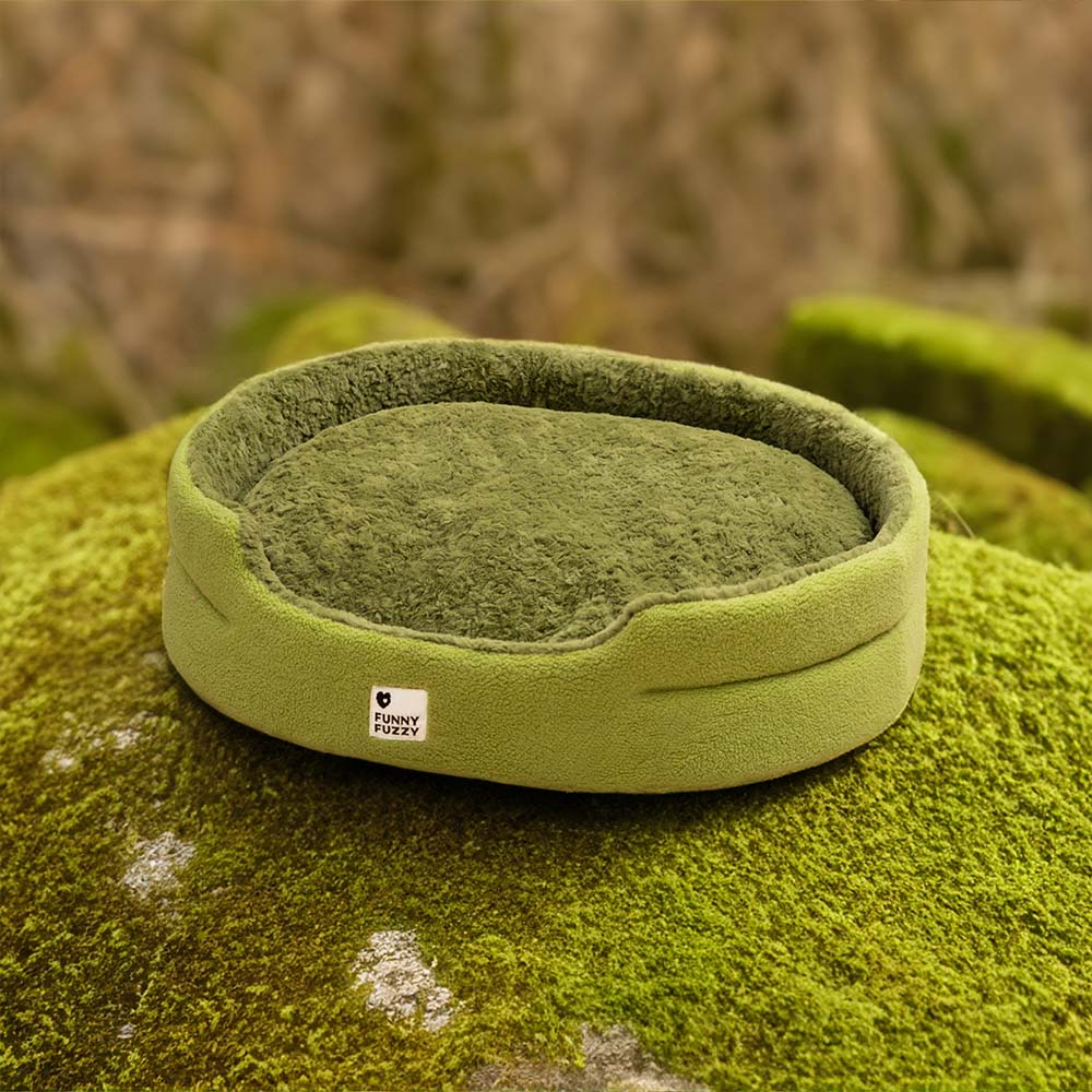 Close-up of the plush fleece texture on a comfortable gray dog bed, washable
