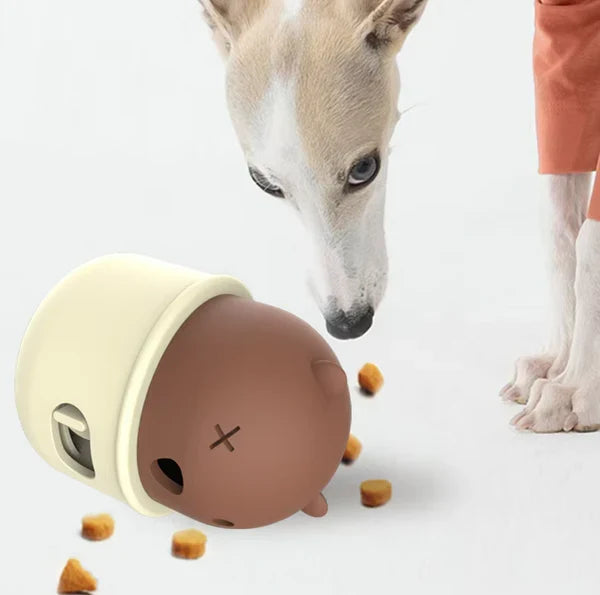 Cute brown bear-shaped dog toy featuring an internal clicker, ideal for pet training sessions.