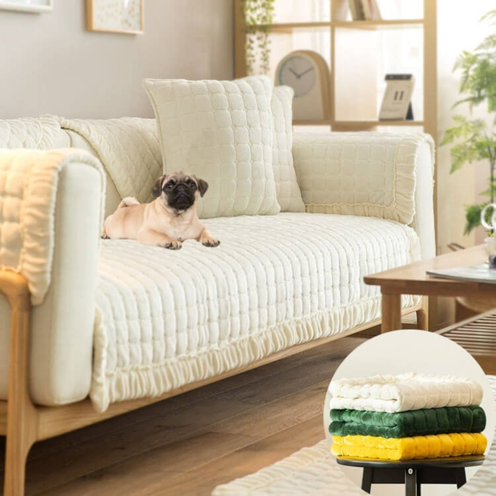 Plush beige velvet sectional couch cover with anti-slip backing, protecting furniture from pets & spills