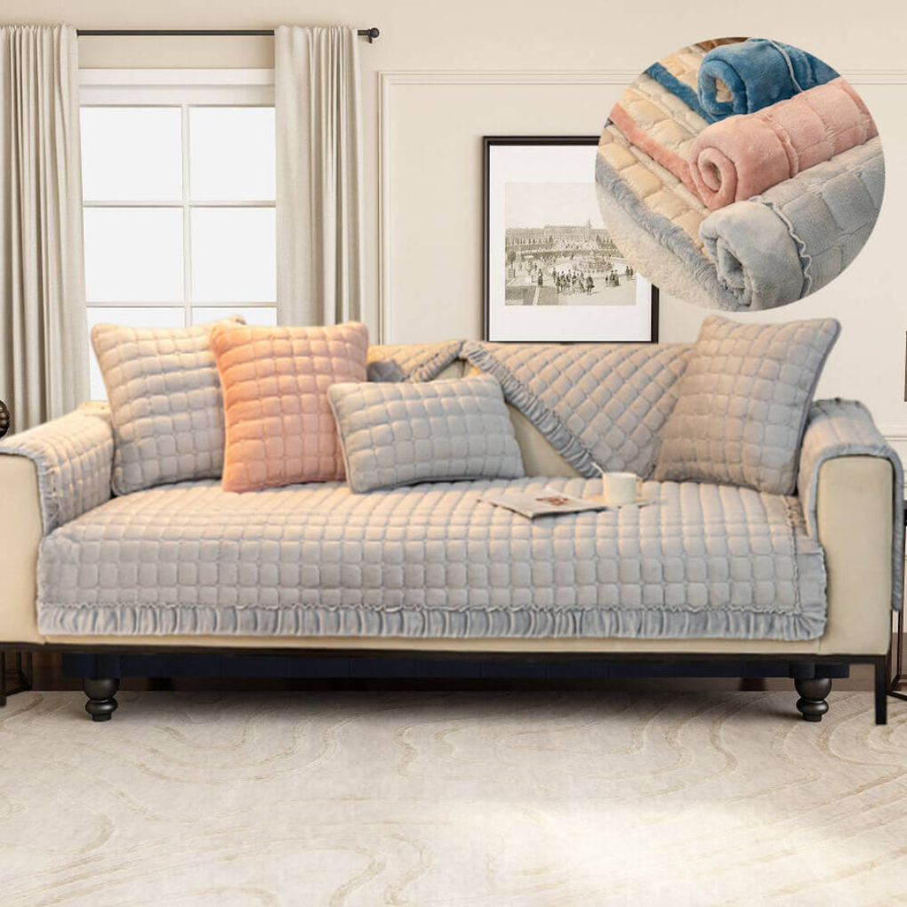 Close-up of soft plush velvet fabric on a sectional couch cover, showing texture & quality